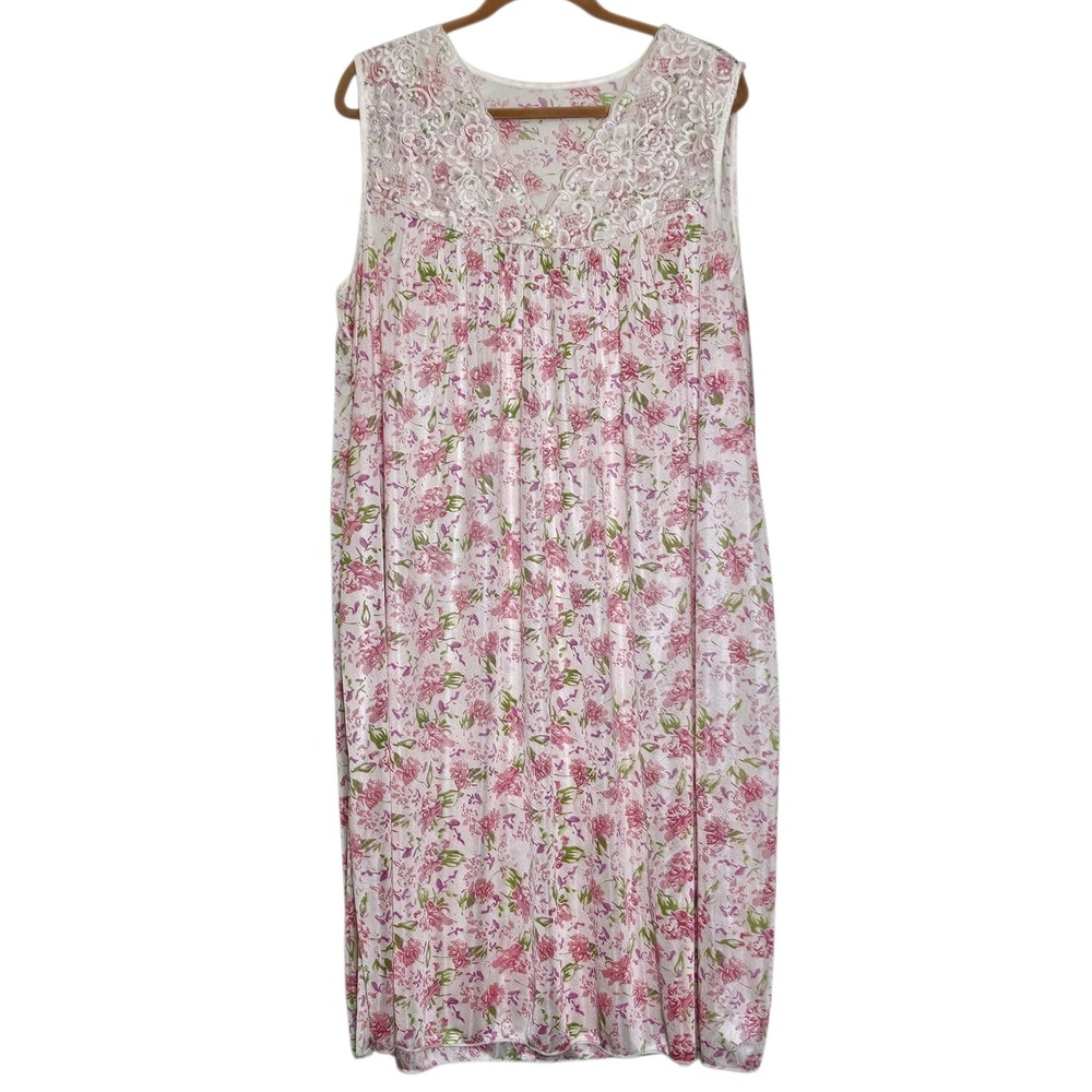 Vintage Floral Nightgown Lace Trim Sleeveless Midi Pink White Grandma Granny 70s